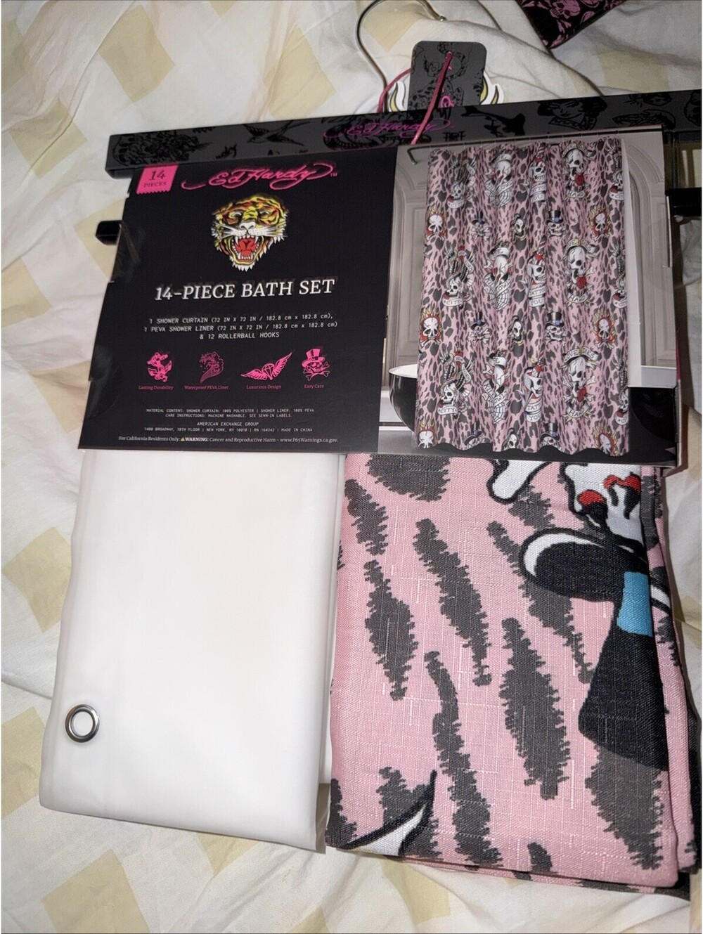 Ed Hardy Shower curtain set Death Before Dishonor Pink Skull Animal Print